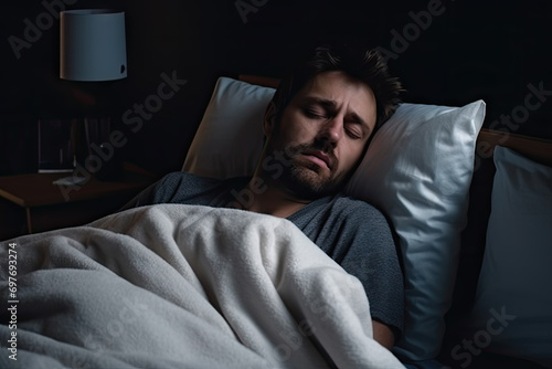 Sick man blowing his nose while lying in bed at home.