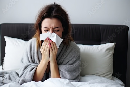 Sick young woman blowing her nose while sitting in bed at home