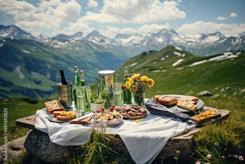 Picnic in the Alps with a variety of food and drinks.