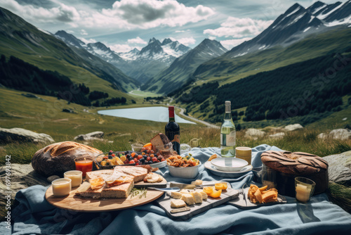 Picnic in the Alps with a variety of food and drinks.