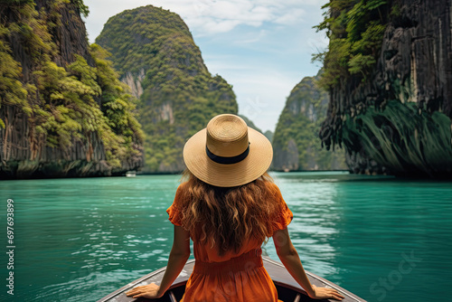 Young woman in hat and orange dress traveling on a longtail boat in Halong bay, Vietnam