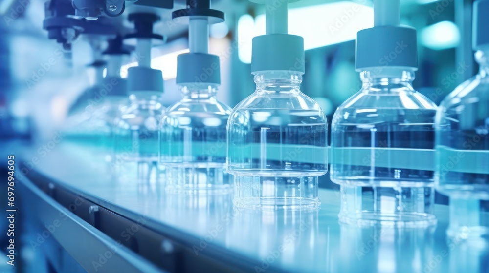 Medical vials on production line at pharmaceutical factory, Pharmaceutical machine working pharmaceutical glass bottles production line, health care, pandemic Medical vials on production line at pharmaceutical factory, Pharmaceutical machine working pharmaceutical glass bottles production line, health care, pandemic