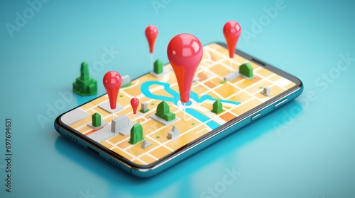 Wallpaper Mural Smartphone with map, 3D Map pins, GPS, navigator pin checking points, 3D World Map icon, technology and application mobile smart phone with mobile, delivery tracking, transportation, generate by AI Torontodigital.ca