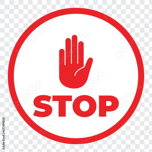Red Stop Hand Icon . Stop sign icon. Simple red stop road sign with big hand symbol or icon vector illustration.
