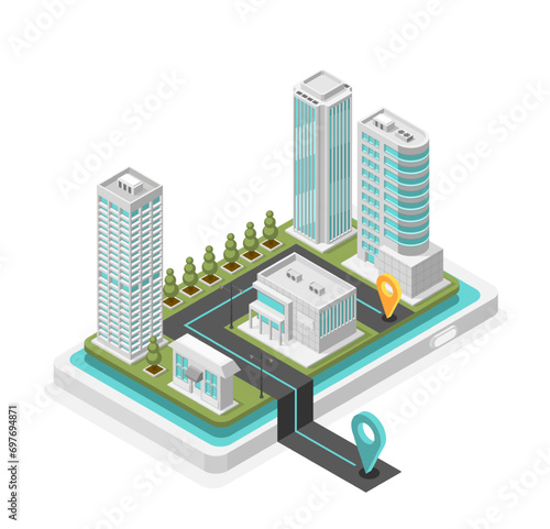Isometric city map mobile navigation. Urban district on smartphone screen with start and finish pins. Modern logistic or delivery, flawless vector scene