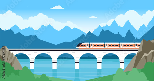 Train on bridge landscape. Electric railway in mountain, travel and adventures. Fast transportation on modern railroad, traveling decent vector background