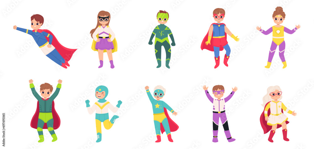 Children wear heroes costumes. Cartoon super girl and boy flying. Superhero little kids, isolated funny brave toddlers. Cute snugly vector characters