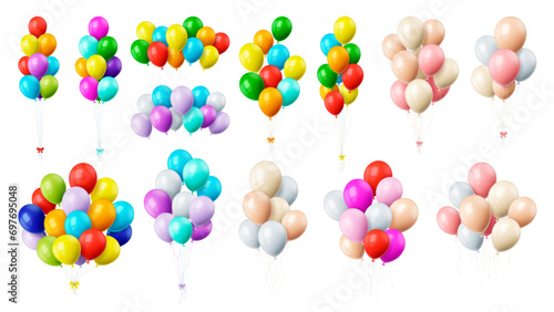 Colourful realistic isolated balloons bunches. Balloon with ribbon and bow, decorative party elements. Birthday, anniversary, graduation pithy vector decor