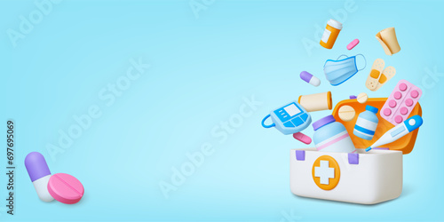 Medical 3d concept. First aid box with different health support elements. Ambulance, hospital or emergency equipment. Pithy realistic vector scene