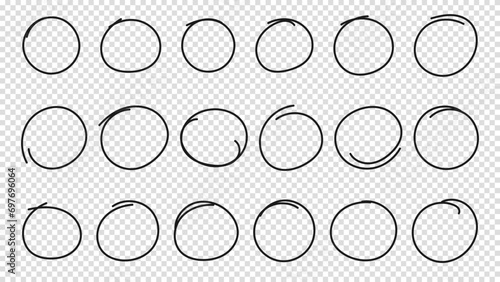 Hand drawn circle or oval line sketch set. Hand drawing circular scribble doodle round circles. Vector illustration for message note mark design element on a transparent background.