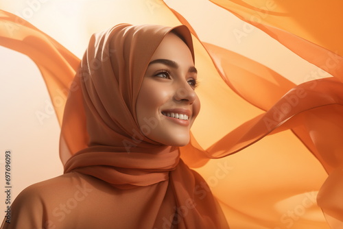 Obraz na płótnie woman wearing a hijab smiles against the brightly colored fabric w salonie
