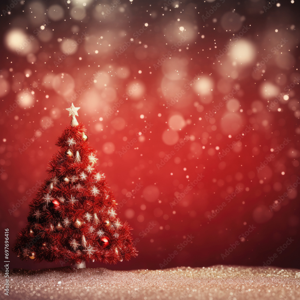 Christmas background with xmas tree and sparkle bokeh lights on red canvas background. Merry christmas card. Winter holiday theme. Happy New Year. Space for text Christmas background with xmas tree and sparkle bokeh lights on red canvas background. Merry christmas card. Winter holiday theme. Happy New Year. Space for text