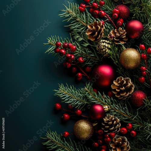 christmas background with fir branches, presents, decoration, free space for text © Cedric