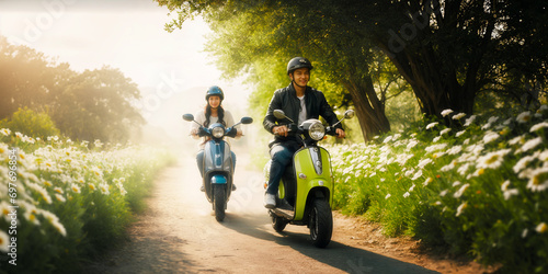 happy couple man and woman riding through a field of daisies on rented scooters. Great sunny weather, smiles on their faces