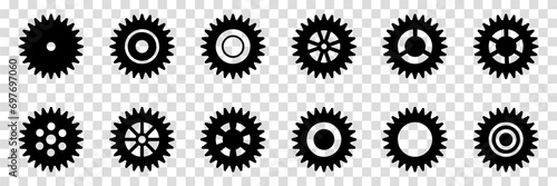 Collection of mechanical cogwheels. Gears icon set. Setting gears icon. Vector illustration with black silhouettes sprocket icons or signs design element. Transparent isolated background.