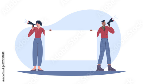 Business people with megaphones and white banner in hands. Promotion announcement. Speakers message frame. Social demonstration. Couple showing placard. Activist protest. Vector concept