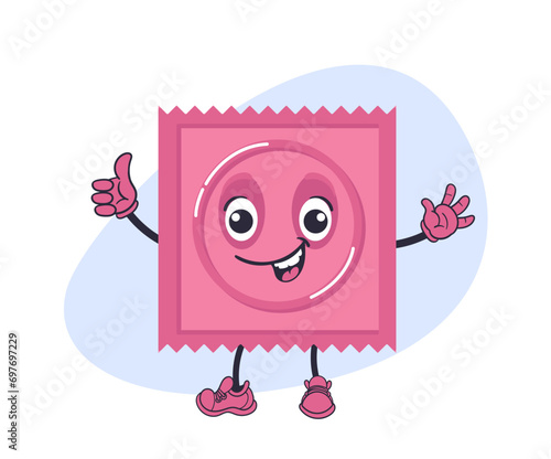 Cartoon condom. Sex protection. Funny contraceptive mascot with happy face and legs. Hand gesture. Lovemaking safety. STDS prevention. Latex sperm barrier contraception. Vector concept