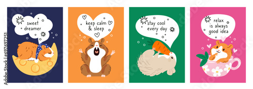 Cartoon hamsters. Funny cards with little animals. Pretty pets relax. Cute inscriptions. Adorable mammals eat carrot. Sleeping rodent. Childish posters with mascots. Garish vector set