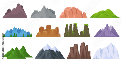 Cartoon mountains. Different types of rocks. Covered with plants or bare stones. Snow capped peaks. Flat tops. Landscape elements. Hills and rocky range. Desert shapes. Recent vector set