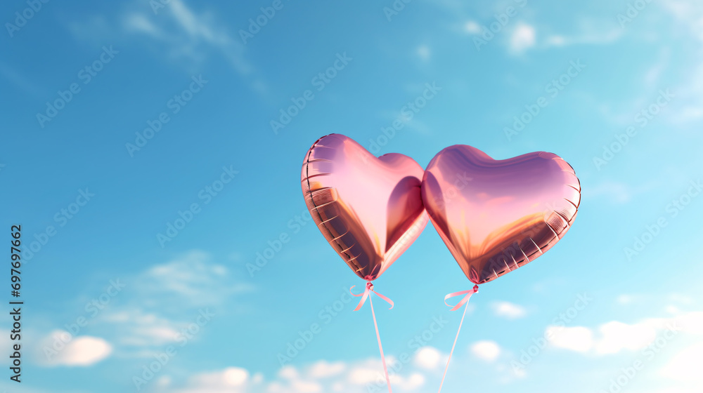 Fototapeta premium Shiny pink heart shaped balloons with string floating in the blue sky, Valentine s day background.