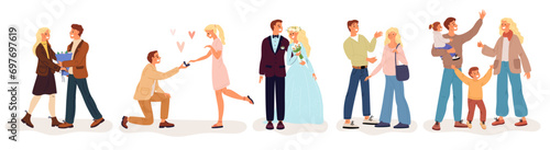 Family life stages from dating to having children. Engagement and wedding ceremony. Marriage couple. Pregnancy and childbirth. Parents with happy kids. Relationship process. Vector concept