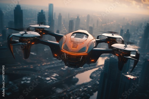 Futuristic Drones flying in the sky, AI generated