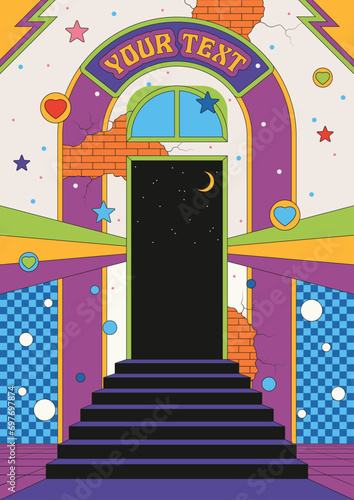 Abstract Poster Template, Psychedelic Colors, Abstract Shapes. Door, Stairs, Brick Wall Background 