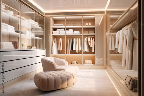 White and beige wood women walk in closet  with warm wooden wardrobe  white drawer and armchair  modern luxury mixed with minimal style feminine dressing room interior design.