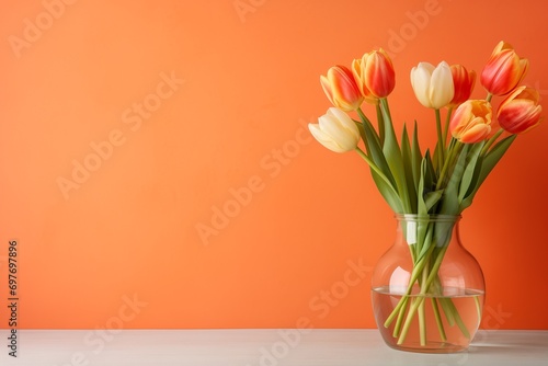 A glass vase filled with yellow and red tulips