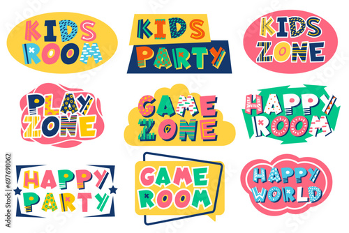 Kids zone emblems. Childish playroom inscriptions. Colorful text. Games and entertainment corner. Bright signs. Children playground logo. Lettering font. Babies club. Recent vector set