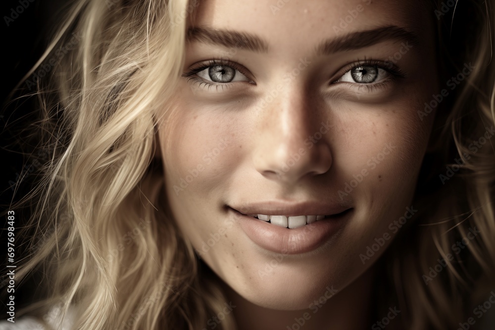 Close up blond young woman with skin imperfections and moles with glowing and healthy skin as a result of great skincare Close up blond young woman with skin imperfections and moles with glowing and healthy skin as a result of great skincare