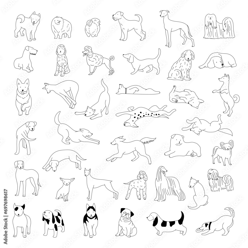 Doodle dogs. Happy domestic animals linear dogs illustrations recent vector hand drawn picture set