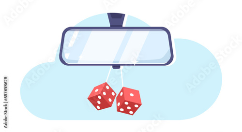 Rearview mirror with dangling cubes. Automobile behind reflection. Auto transportation. Drive visibility. Road reflect. Glass frame for vehicle back control. Handing dices. Vector concept