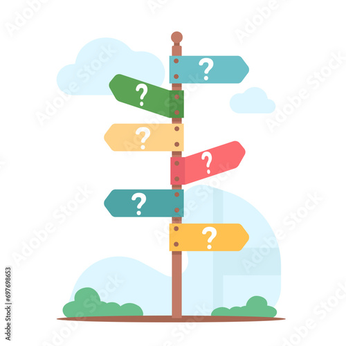 Road pointer stick with signs of different directions. Question marks. Way pointing. Confusion or making decision. Path choosing. Uncertainty turning. Solution selecting. Vector concept