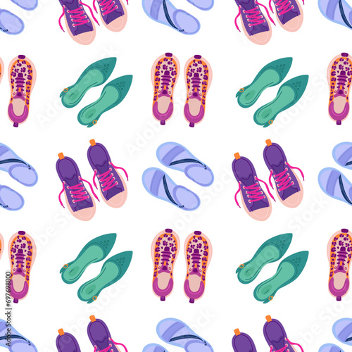 Shoes seamless pattern. Different types casual and sport footwear. Loafers and sandals top view. Fashionable sneakers and shoes. Foot clothing. Summer gumshoes. Garish vector background