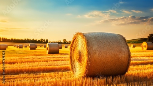 Agricultural field with straw bales on the field at sunset. Rural landscape 