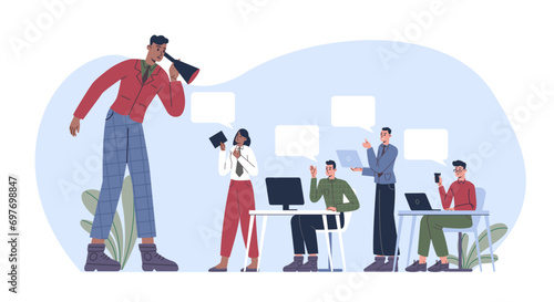 Smart manager listens to advice of employees. Boss and staff communication. Leader with megaphone. Teamwork success. Workers talking with businessman. Colleagues team. Vector concept