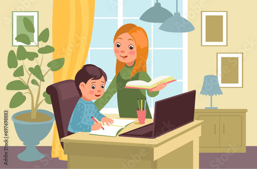 Teaching at home with parents. Caring mom helps son to do his homework. Distance education. Online studying. Kid learning at laptop. Mom explaining lesson to child. Splendid vector concept