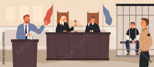 Trial in courtroom. Prosecutor giving speech. Judges at wooden rostrum. Sad defendant is behind bars. Security guard and attorney. Jurors and lawyers. Garish vector judgement concept