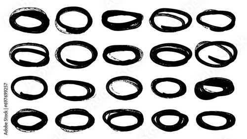 Vector abstract hand drawn marker ellipses. Hand drawn abstract grunge frames elements. Scribble set. Doodle sketched highlight circles or rings. Black marker drawing on isolated white background.