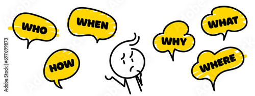 Question who, what, how, why, for what and where. Speech bubble with ask question and doodle stick man. Vector illustration. Speak english.