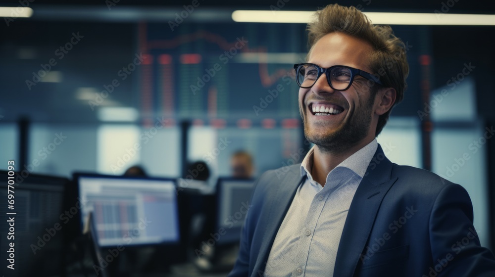 Young male trader at office work concept sitting looking at laptop happy
