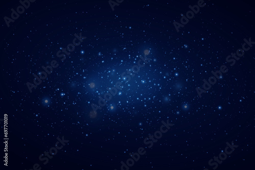 Realistic starry sky with blue glow of light. Bright stars with reflections in the dark sky.