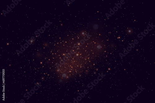 Realistic starry sky with golden glow of light. Bright stars with reflections in the dark sky. Vector illustration. EPS 10