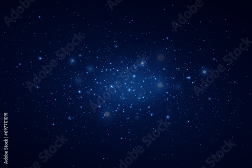Realistic starry sky with blue glow of light. Bright stars with reflections in the dark sky. Vector illustration. EPS 10