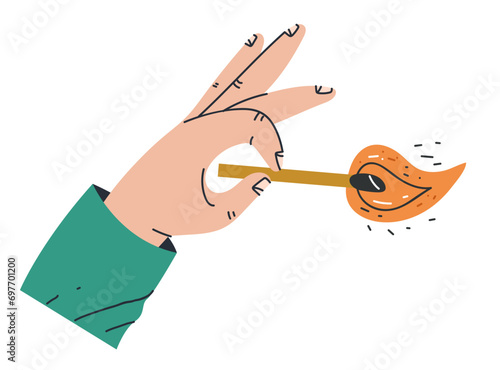 Hand arm hold burning match concept. Vector design graphic illustration