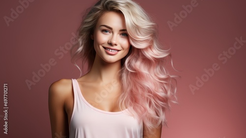 Smiling young woman with blonde long groomed hair isolated on pastel flat background 