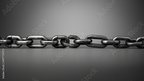  Broken Bonds: Iron Chain Snapped in the Middle on a Grey Background