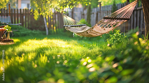  hammock on green grass lawn in cozy garden, blurred background photo