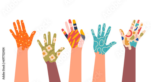 Row Of Raised, Painted Hands Creates A Vibrant Tapestry Of Unity And Diversity, Each Unique Hue And Gesture